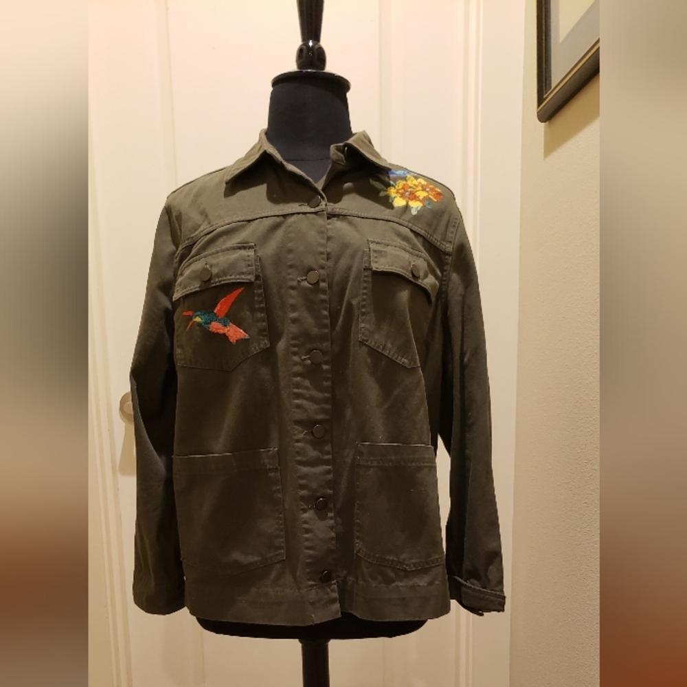 Who What Wear Embroidered Olive Green Womens Jacket